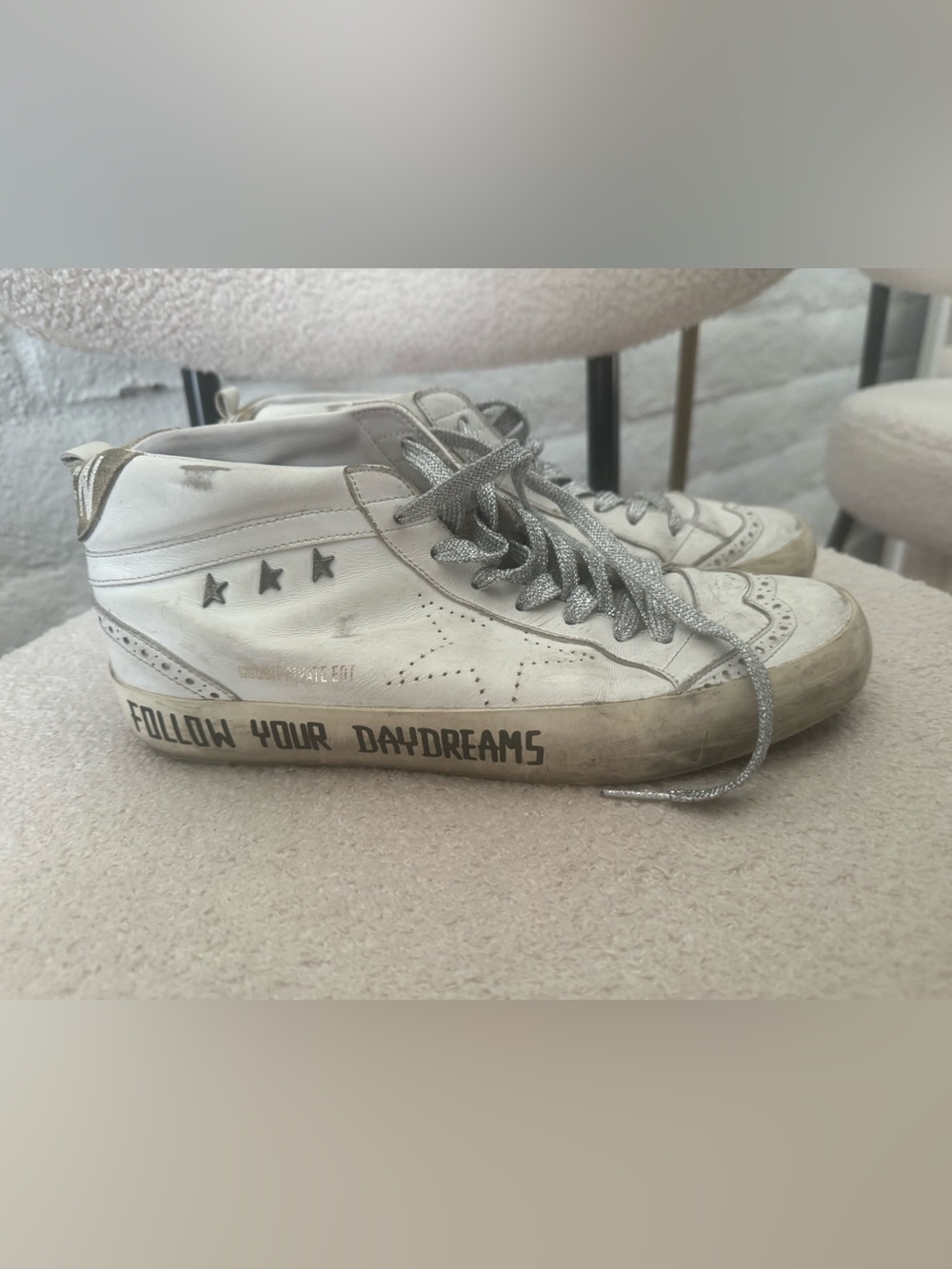Golden Goose White Leather High-Top Sneakers with Silver Accents